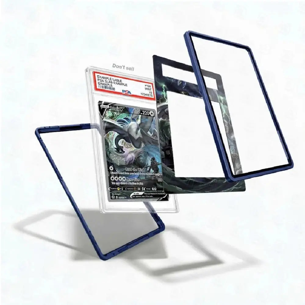 A clear protective card slab with a dark blue frame, shown holding a graded Pokémon TCG card and displayed with two additional empty frame views on a clean white background.