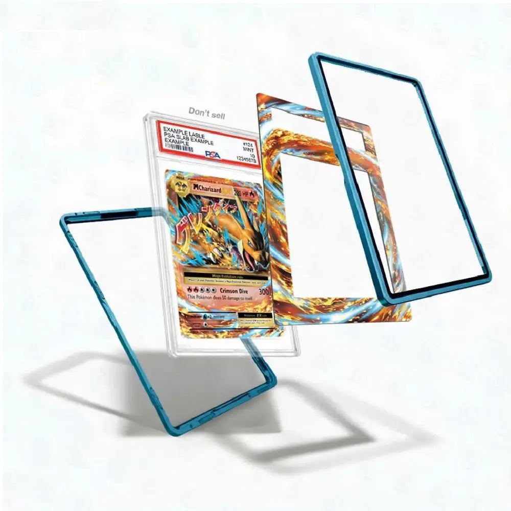 Three protective card cases with blue metallic frames are displayed around a graded Pokémon TCG card in a clear slab on a white background.