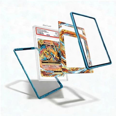 Three protective card cases with blue metallic frames are displayed around a graded Pokémon TCG card in a clear slab on a white background.