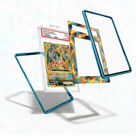A clear acrylic Pokémon trading card protector case with a blue edge, shown floating around a graded Pokémon card. The case is displayed in multiple angles to demonstrate its transparent design and protective structure.