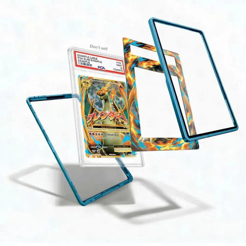 A clear acrylic Pokémon trading card protector case with a blue edge, shown floating around a graded Pokémon card. The case is displayed in multiple angles to demonstrate its transparent design and protective structure.