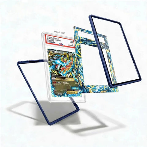 Card with blue and yellow design in a protective case on a white background