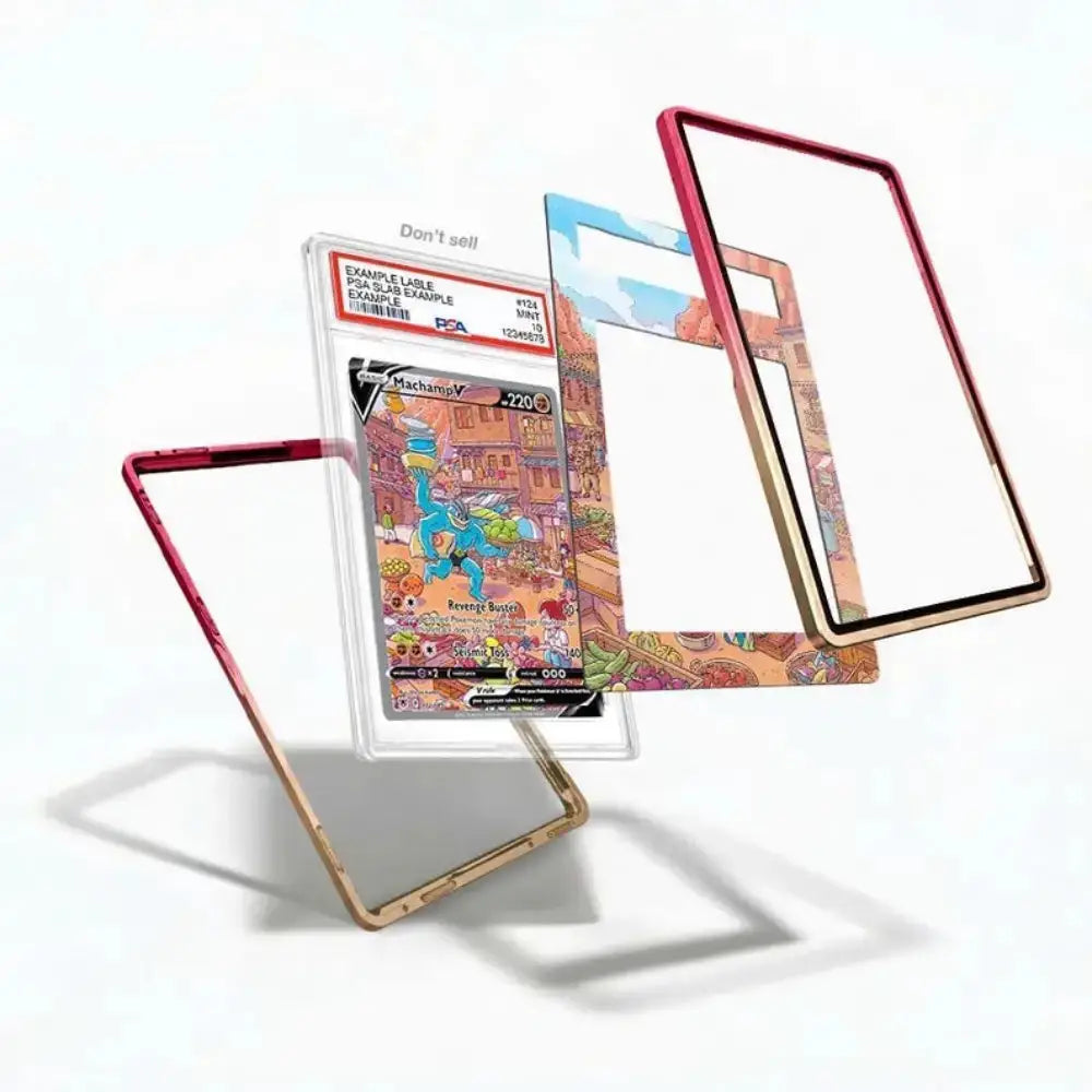 A set of colorful, transparent protective phone case frames shown floating against a white background. The frames feature vibrant, illustrated patterns including a red border, a gold border, and a multicolor cartoon scene, with one frame displaying a graded PSA card insert.