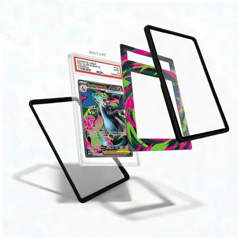 A card protector case set shown on a white background, featuring a clear case with a black border holding a graded PSA card, a patterned clear case with bright neon artwork, and two additional clear cases with black borders floating around it.