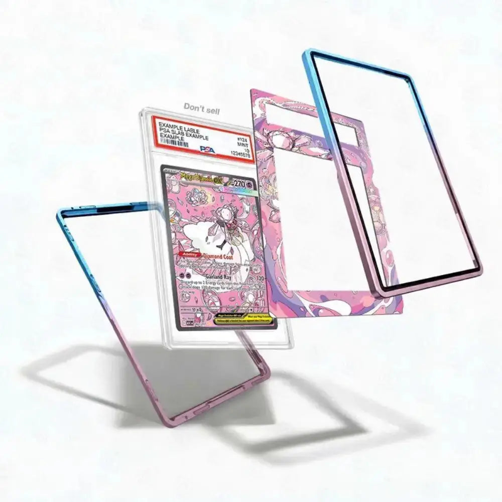 Card with pink and white design and clear protective case on a white background