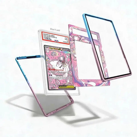 Card with pink and white design and clear protective case on a white background