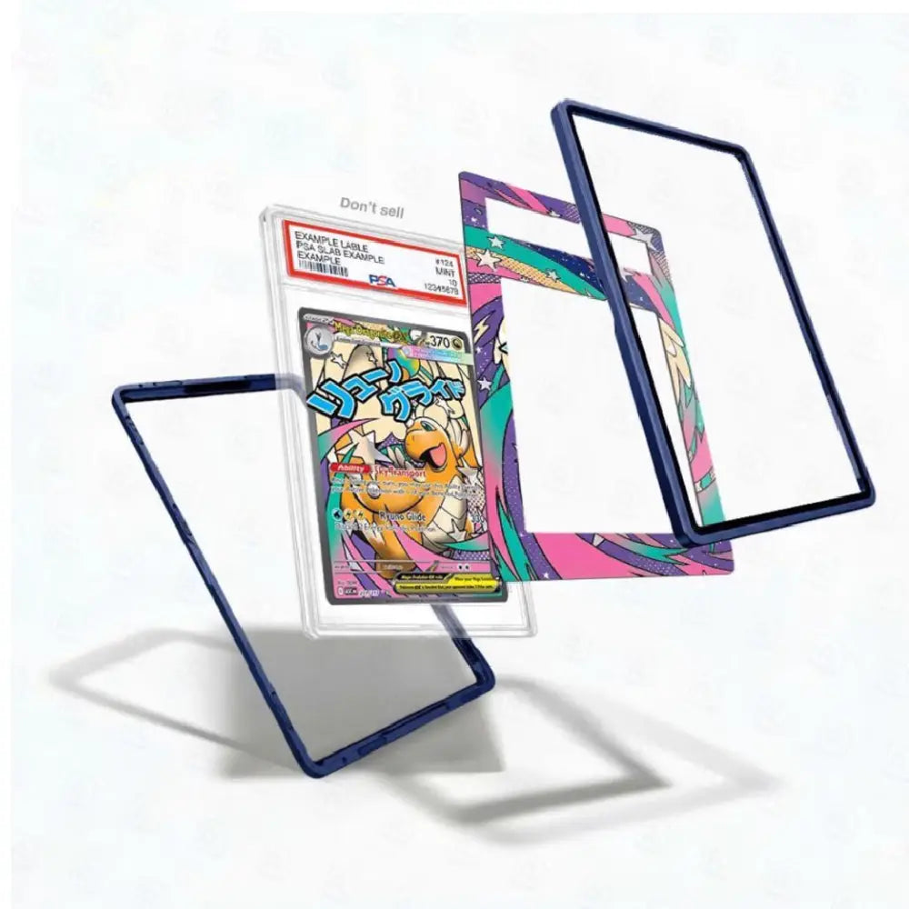 A set of colorful acrylic card protectors and a clear protective case displayed on a clean white background. The set includes multiple frames in dark blue and pink, with a vibrant multicolor design featuring cartoon characters.