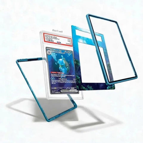 Three transparent protective card sleeves with a blue tinted border are shown floating around a graded Pokémon TCG card on a white background.