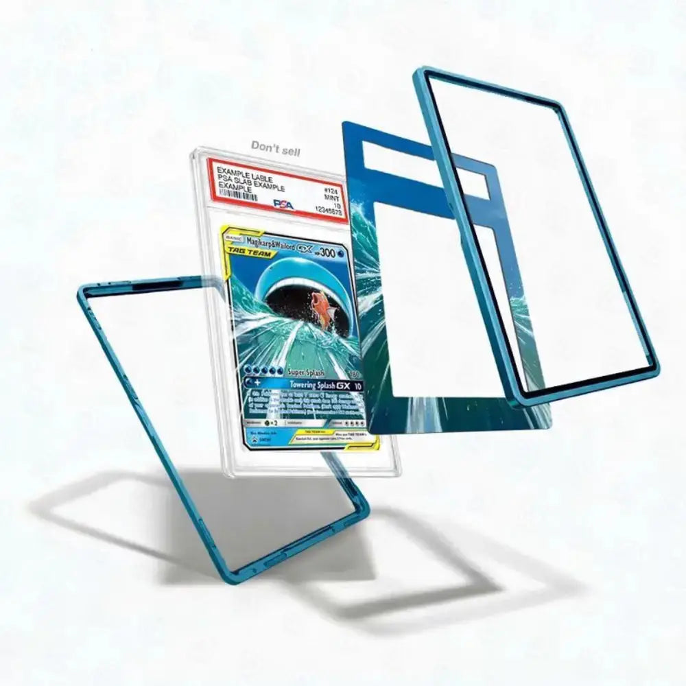 Trading card with protective blue card holder on a white background