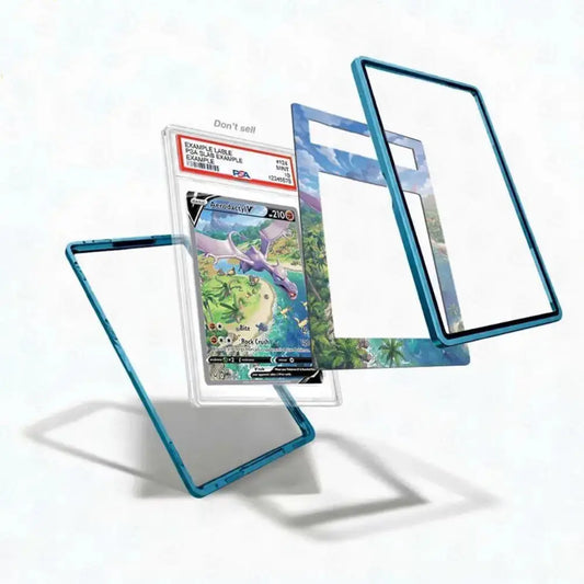 A clear protective case with a metallic teal-blue border, shown in multiple angles around a graded Pokémon TCG card. The card is displayed inside the case, with the case floating open behind it on a clean white background.