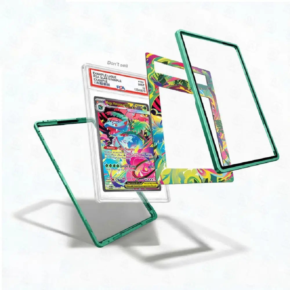 Colorful trading card with protective cases on a white background