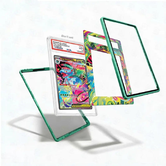 Colorful trading card with protective cases on a white background