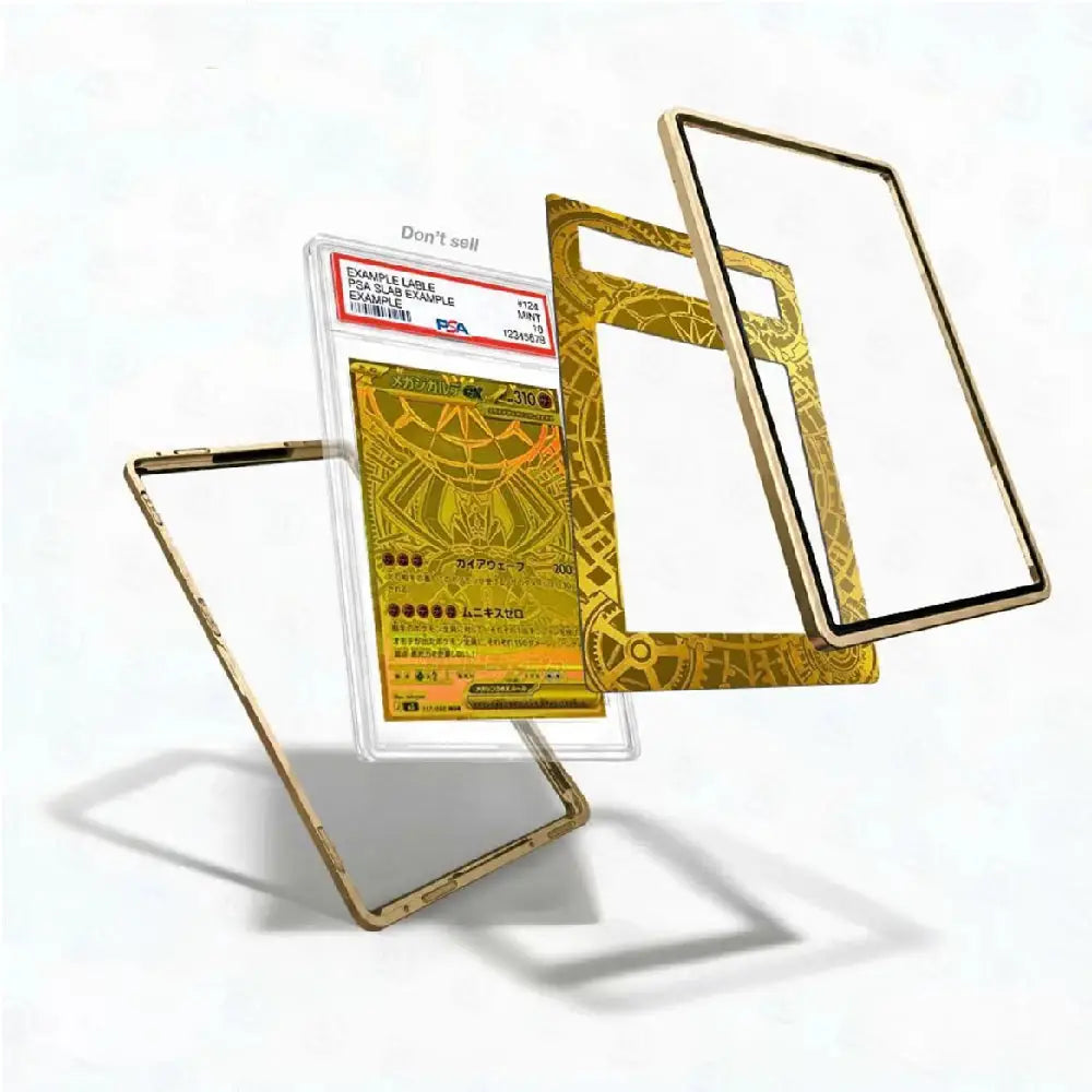 Three gold-colored protective frames for a Pokémon TCG card, including one clear frame with a black border, one patterned gold frame, and one clear frame with a gold insert card, displayed on a white background.