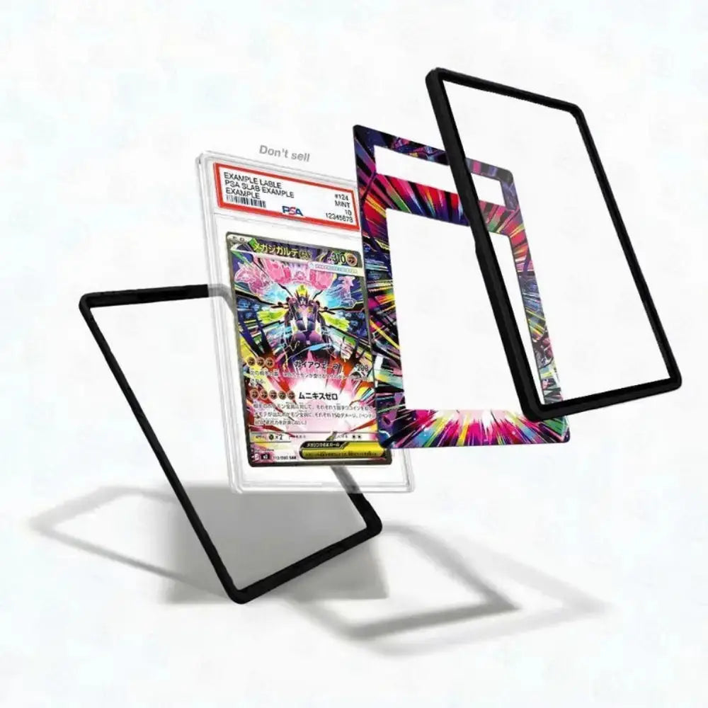Three protective card sleeves displayed on a white background, including one clear sleeve with a black border, one colorful printed sleeve, and one clear sleeve containing a graded holographic Pokémon card.