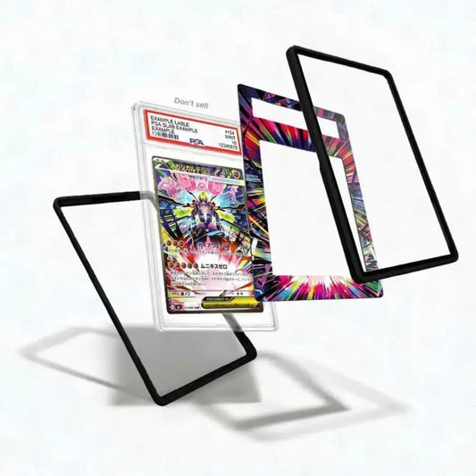 Three protective card sleeves displayed on a white background, including one clear sleeve with a black border, one colorful printed sleeve, and one clear sleeve containing a graded holographic Pokémon card.