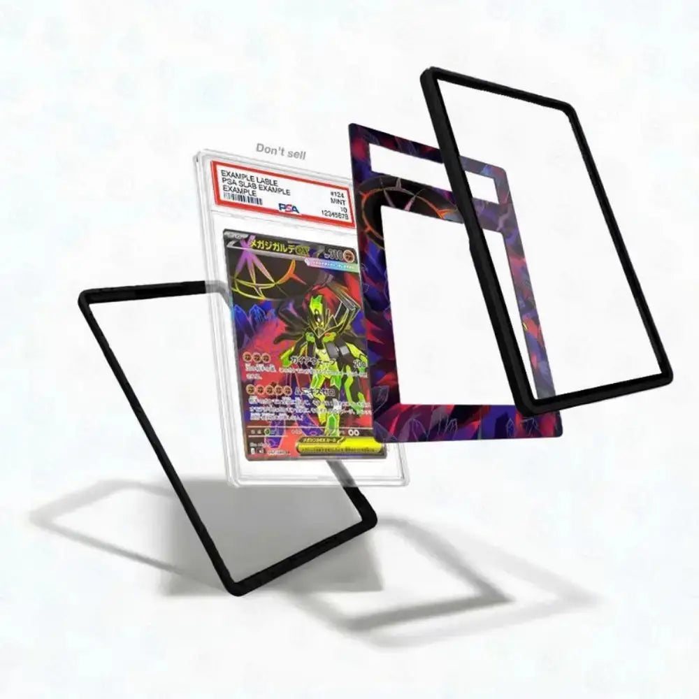 A clear acrylic display card case with black bezel frames, shown with a graded holographic card inside and three floating transparent panel pieces on a white background.