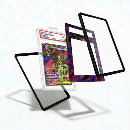 A clear acrylic display card case with black bezel frames, shown with a graded holographic card inside and three floating transparent panel pieces on a white background.