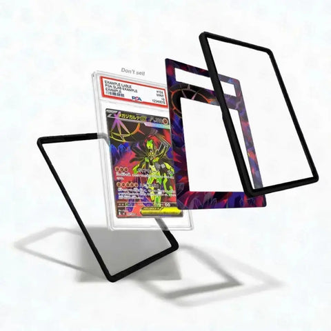 A clear acrylic display card case with black bezel frames, shown with a graded holographic card inside and three floating transparent panel pieces on a white background.