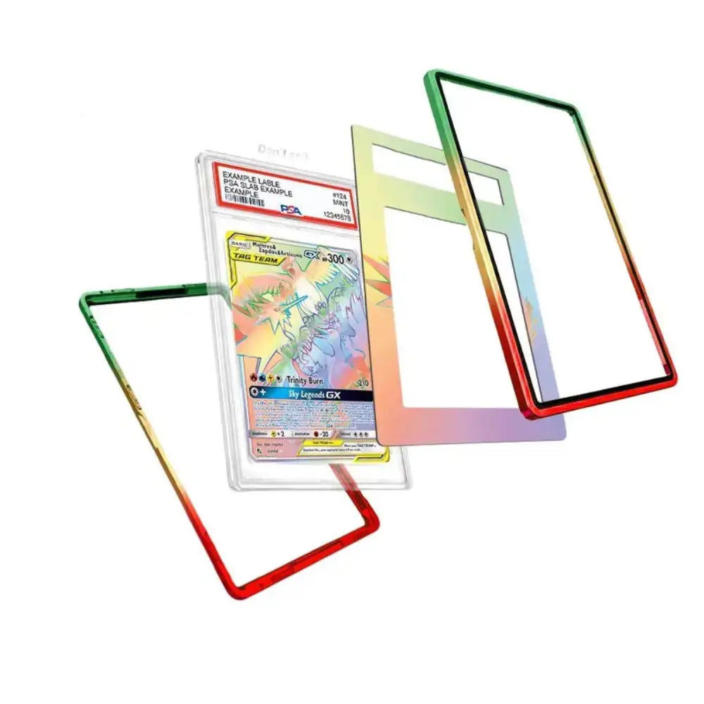Three iridescent holographic plastic card frames in green, red, and gold gradient colors, shown with and without a Pokémon trading card insert on a white background.