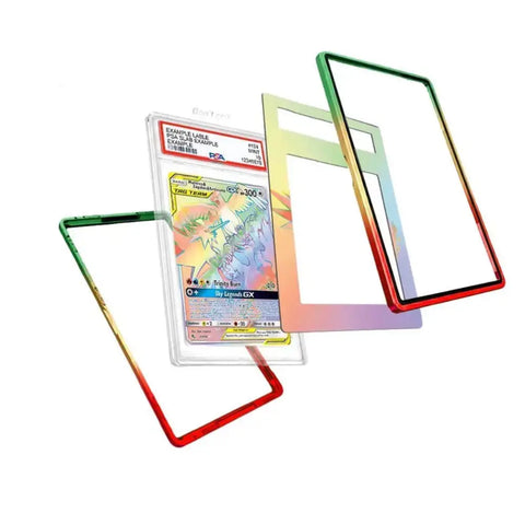 Three iridescent holographic plastic card frames in green, red, and gold gradient colors, shown with and without a Pokémon trading card insert on a white background.