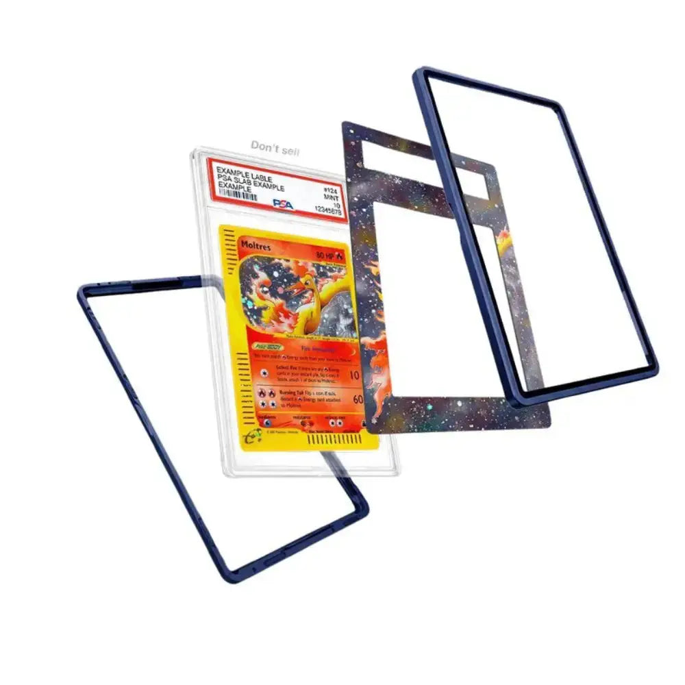 A set of four protective card sleeves or frames with a dark blue outer border and a galaxy-patterned inner lining, shown with a graded Pokémon card inside one sleeve on a white background.