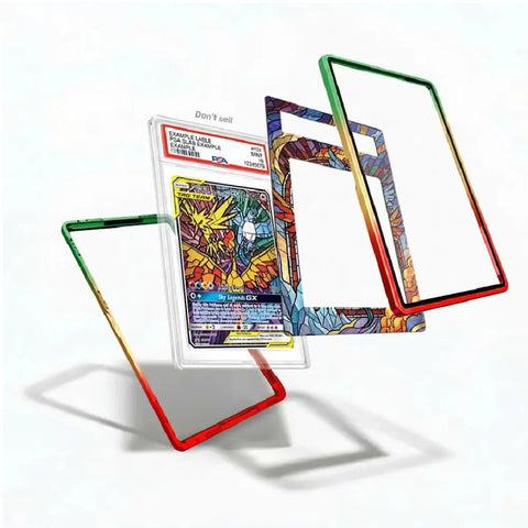 Colorful trading card with protective sleeves on a white background