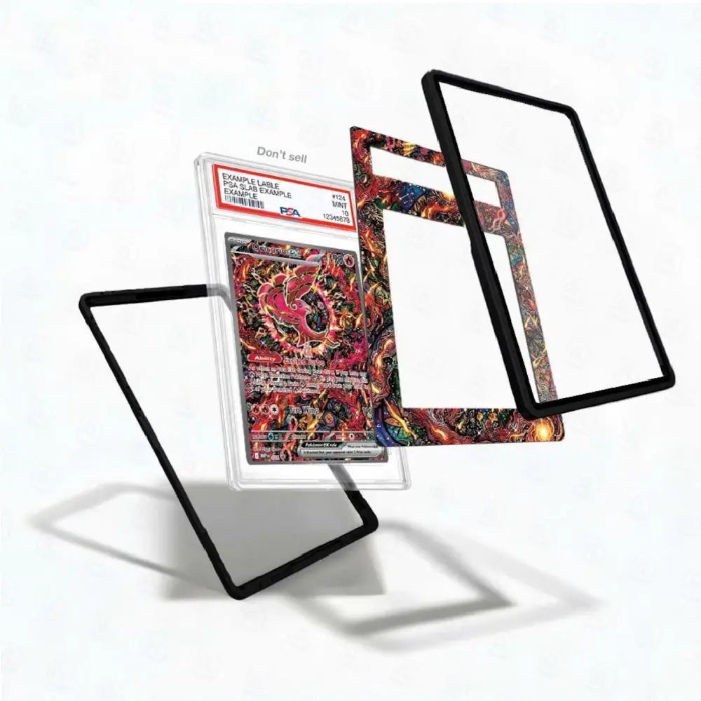 Three clear acrylic card protectors with black borders and one colorful printed insert protector are displayed on a white background, with a graded Pokémon TCG card partially visible behind them.