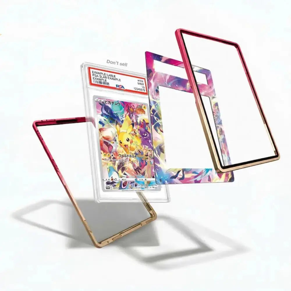 Colorful trading card in protective holder with transparent cover on white background