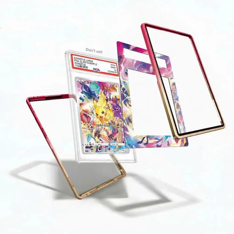 Colorful trading card in protective holder with transparent cover on white background
