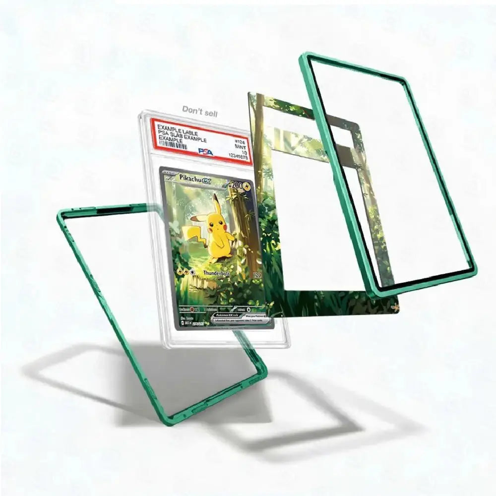 A clear acrylic card protector case with a translucent green border, shown floating around a graded Pokémon Pikachu card. The image displays multiple angles of the case, including one standing open and two others positioned behind it, on a clean white background.