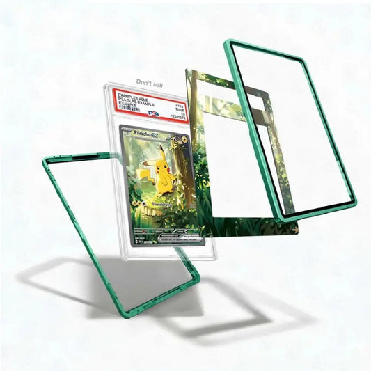 A clear acrylic card protector case with a translucent green border, shown floating around a graded Pokémon Pikachu card. The image displays multiple angles of the case, including one standing open and two others positioned behind it, on a clean white background.
