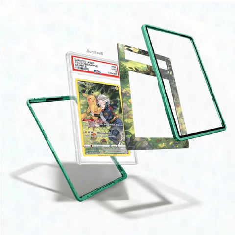 A clear protective card case with a translucent green border, shown with a graded Pokémon TCG card inside and several matching clear and camouflage-patterned frame pieces floating around it on a white background.