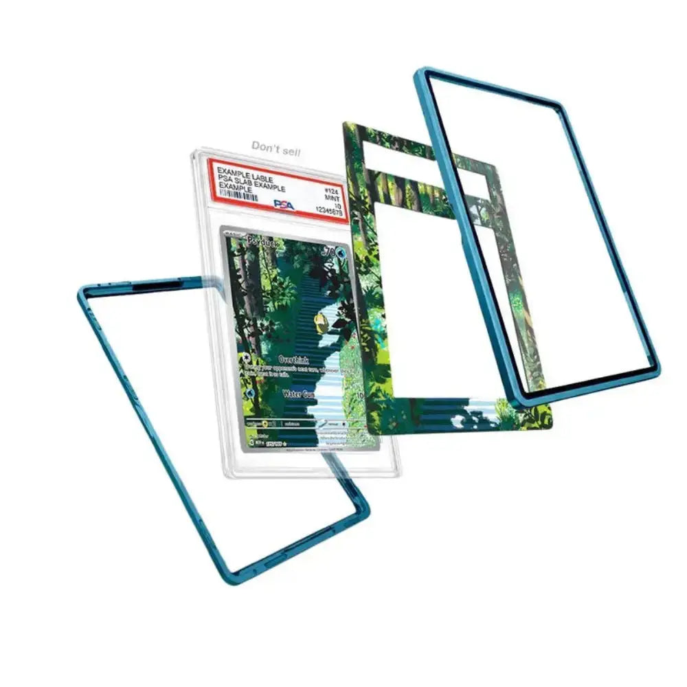 A set of protective iPad screen frames shown in an exploded layout on a white background. The set includes a clear tempered glass screen protector with a blue frame, a green forest-patterned frame, and a PSA-graded sample card in a clear plastic holder labeled 'STAINLESS STEEL'.