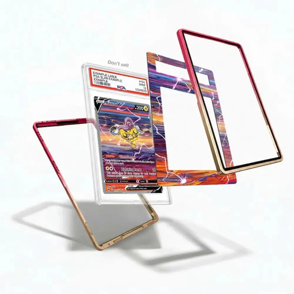 Three clear protective frames for a Pokémon TCG card protector, shown floating around a graded holographic card. The frames have different color accents: one is metallic rose gold, one is metallic gold, and one is a dark red/pink metallic frame.