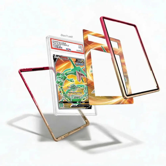 Pokémon trading card with protective case on a white background