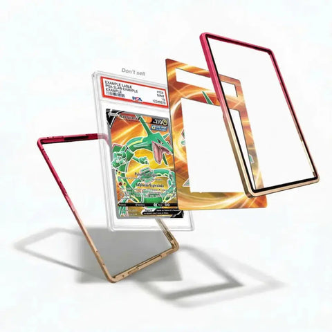 Pokémon trading card with protective case on a white background