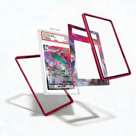 A sample graded trading card in a clear protective slab with a red metallic frame, shown alongside three matching red metallic card frames floating on a white background.