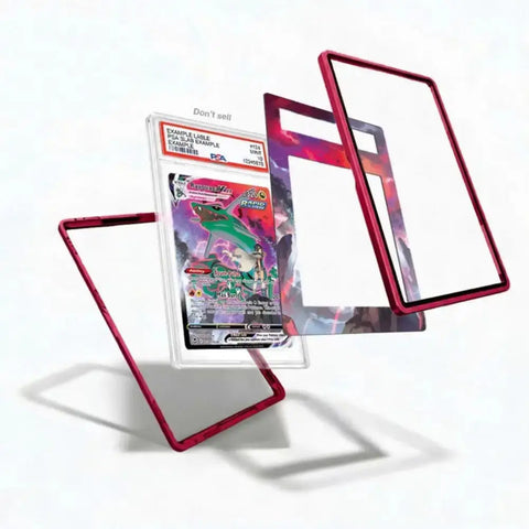 A sample graded trading card in a clear protective slab with a red metallic frame, shown alongside three matching red metallic card frames floating on a white background.