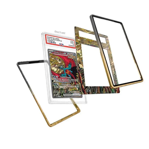 Three transparent protective frames for a collectible card, shown with and without a graded Stanley Lee Magic: The Gathering card inside, on a plain white background.