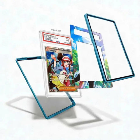 A clear acrylic display card holder with a metallic blue frame, shown holding a graded holographic trading card. The product is displayed in multiple floating angles against a clean white background.