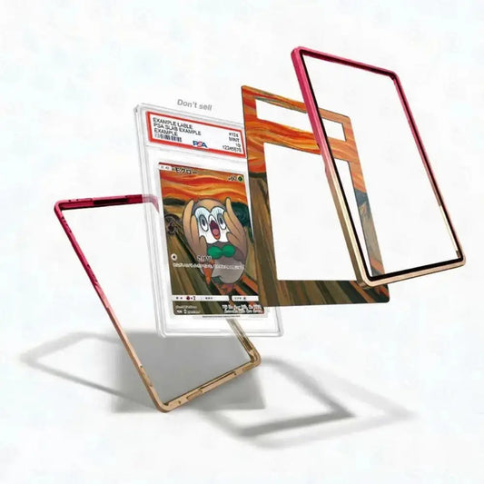 Three clear tempered glass screen protectors with colored metal edges are displayed floating in front of a tablet screen showing a Pokémon card insert. The screen protectors have pink, gold, and black borders, set against a clean white background with soft shadows.