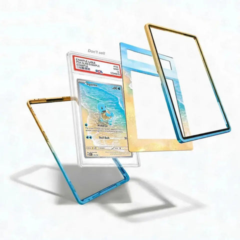 A set of transparent protective frames for Pokémon trading cards, shown floating around a graded card. The frames feature gradient designs transitioning from gold to blue, and from blue to white, with one frame showing a gold-to-white gradient.