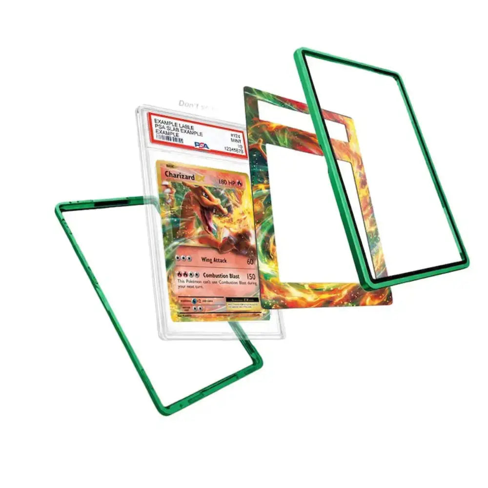 Three green-framed protective cases for Pokémon Charizard cards are displayed around a graded PSA-10 Charizard card on a plain white background.
