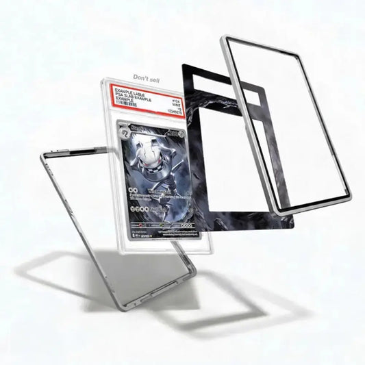 A clear protective case for a graded collectible card, shown with the card inside and additional transparent and black-and-white frame pieces floating around it on a white background.