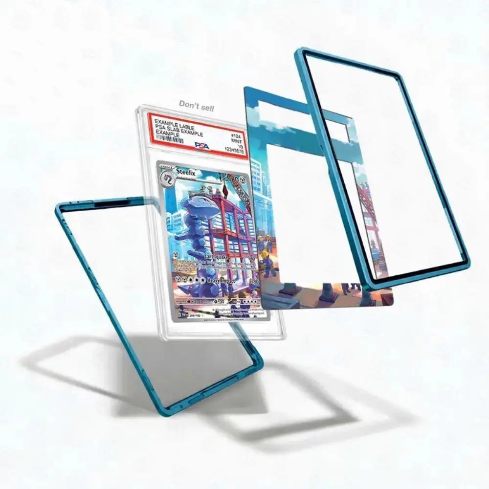 Card with a blue border and transparent protective cover on a white background