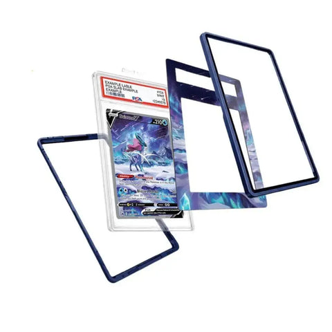 Three dark blue protective card sleeves with clear plastic inserts, shown around a graded holographic Pokémon TCG card, on a plain white background.