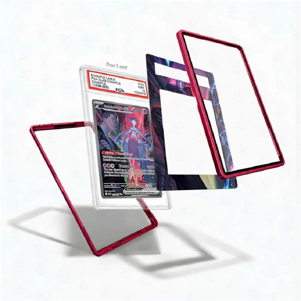 Card with protective red border and transparent cover on a white background