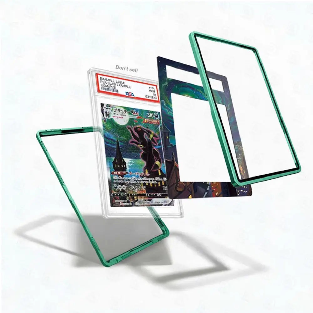 A clear protective case with a translucent green border shown floating around a graded holographic trading card. The case is displayed in multiple angles on a clean white background.