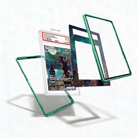 A clear protective case with a translucent green border shown floating around a graded holographic trading card. The case is displayed in multiple angles on a clean white background.