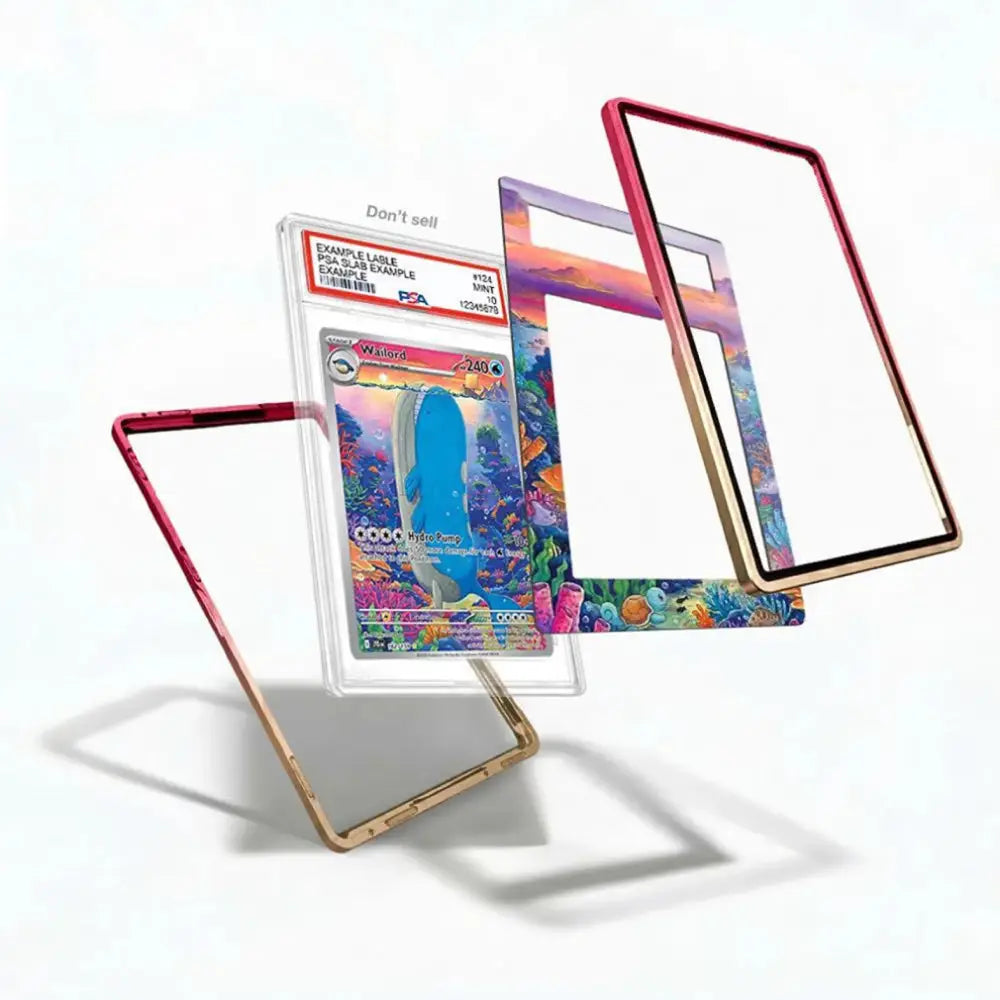 Colorful trading card with protective case on a white background